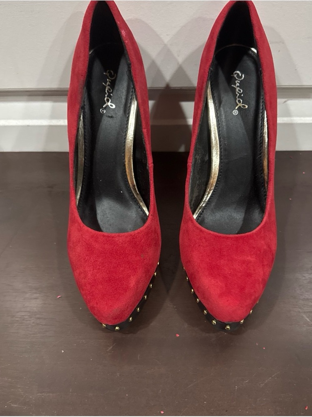 Qupid Red Suede Pointed Toe Studded Heels Size 7.5